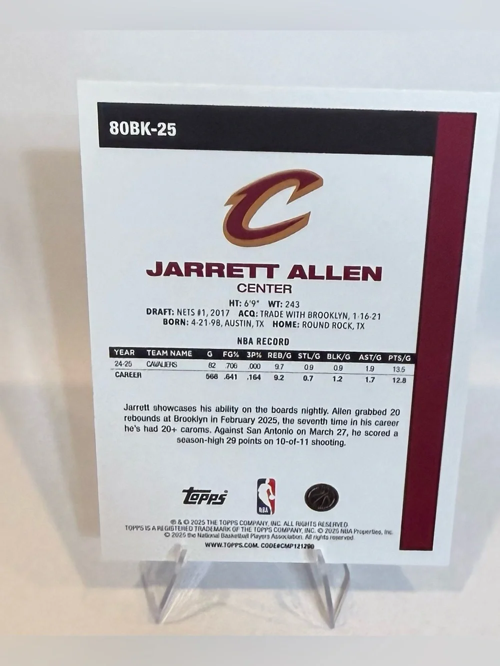2025 Topps 1980-2025 45th Anniversary#80BK-25 Jarret Allen Cavaliers center - Picture 2 of 2